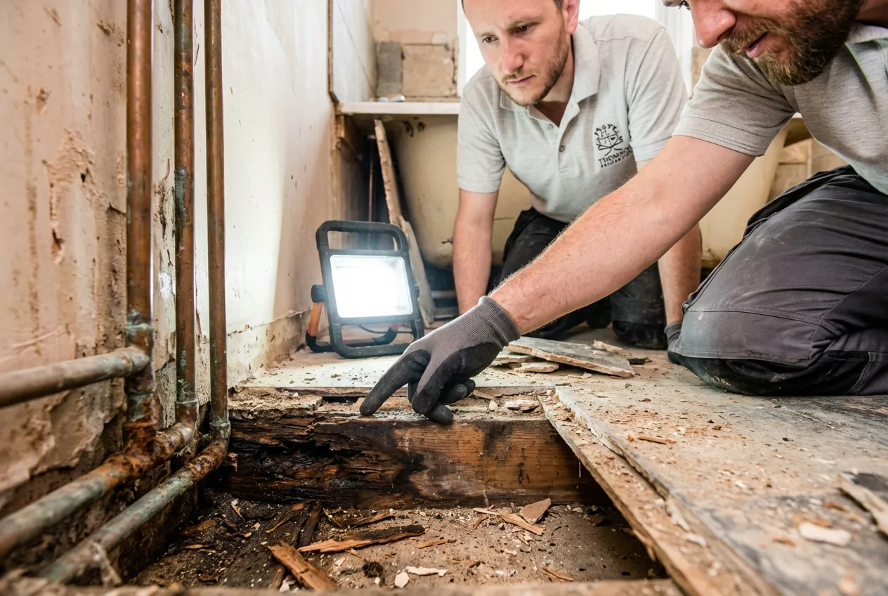A common (and legitimate) unforeseen issue. Years of a slow, invisible leak have caused this floor joist to rot. This must be repaired to ensure the new bathroom is built on a solid, safe foundation.