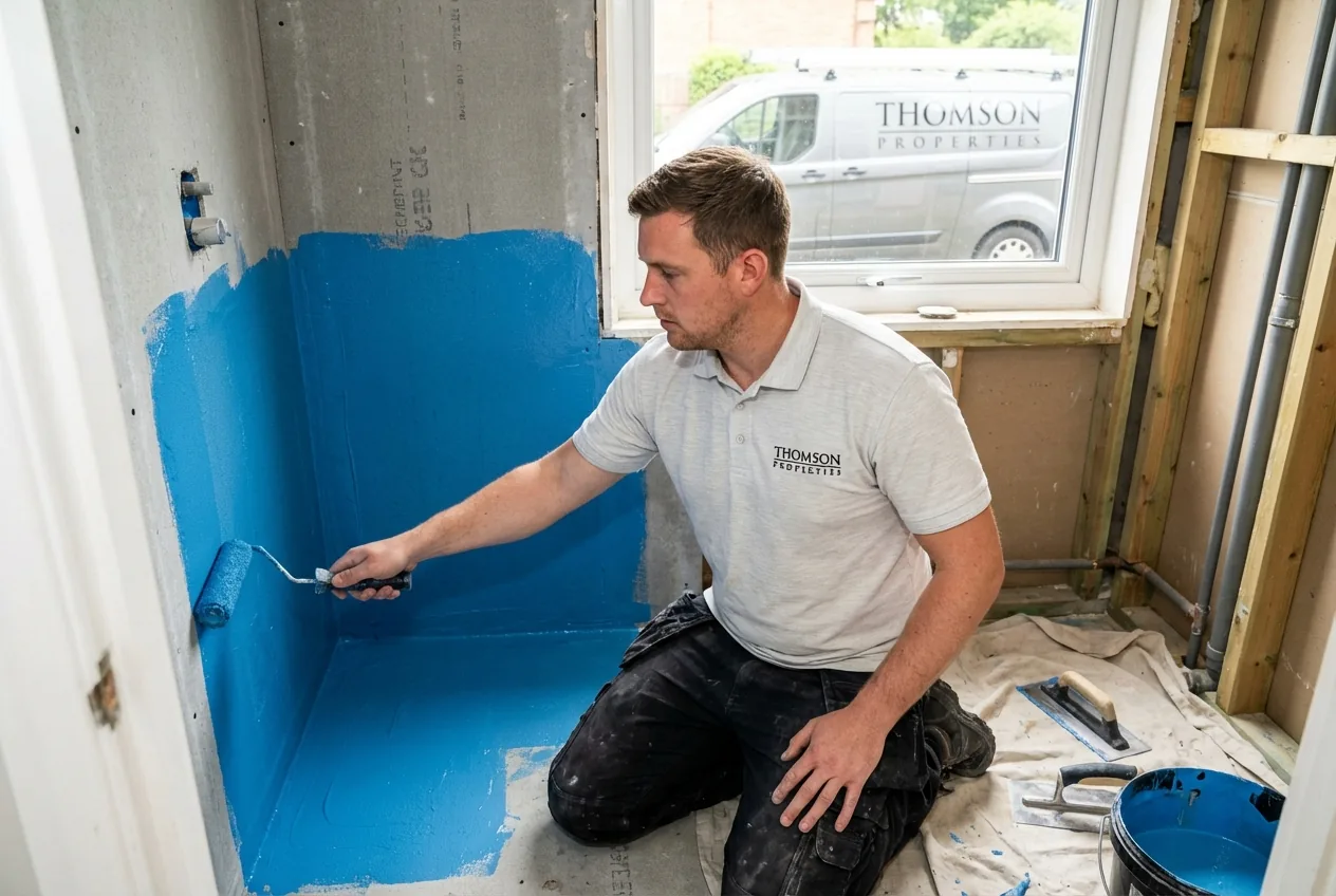 A professional fitter applying a liquid waterproof membrane (tanking) to shower walls before tiling, creating an essential barrier against leaks.