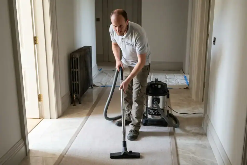 Illustration of fitter vacuuming after renovation work