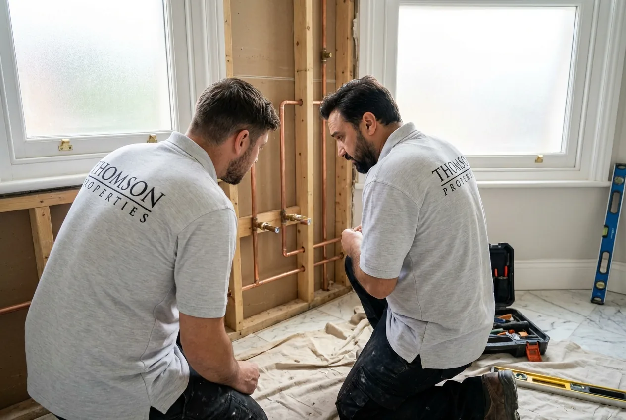 Precision behind the scenes: A multi-skilled fitter inspects the 'first fix' plumbing before the walls are closed up, ensuring the unseen work is as perfect as the visible finish.